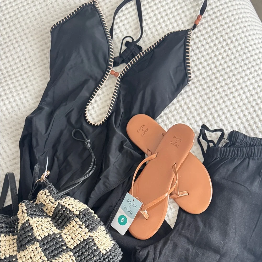 Women’s Black Plunge One-Piece Swimsuit with Decorative Trim Shade & Shore NWOT - Picture 6 of 8